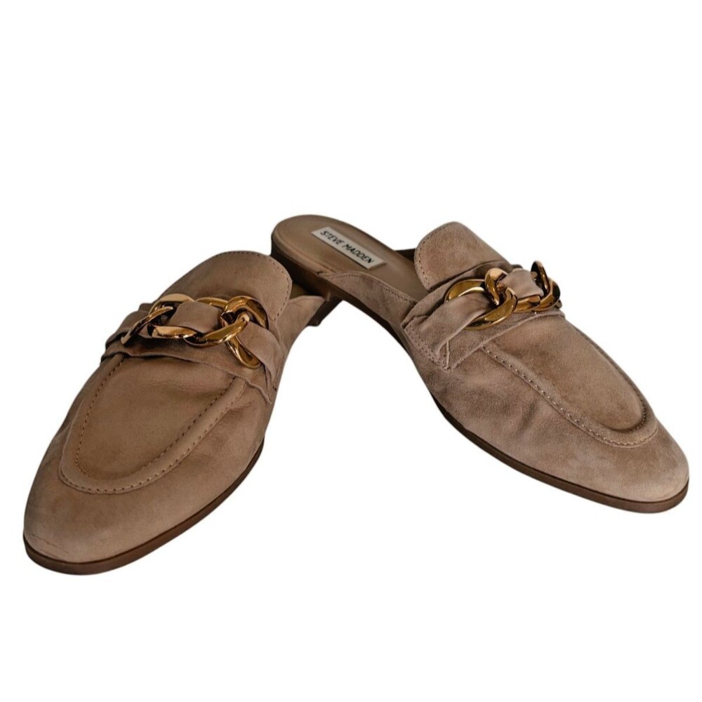 Steve Madden Cassady Loafer Mules Tan Suede Gold Chain Size 11